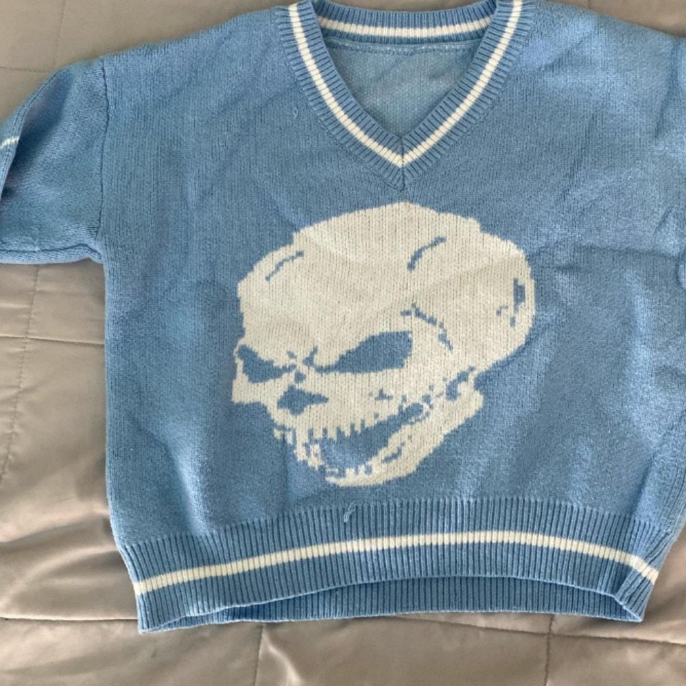 Cozy blue skull crewneck sweater
